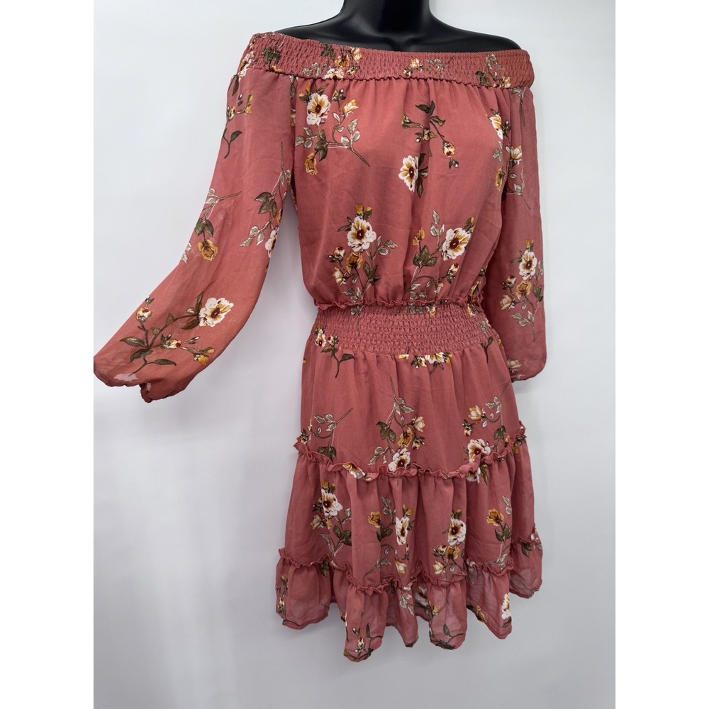 Faded Rose Dress Pink Floral Smocked country cottage tiered lined off shoulder S